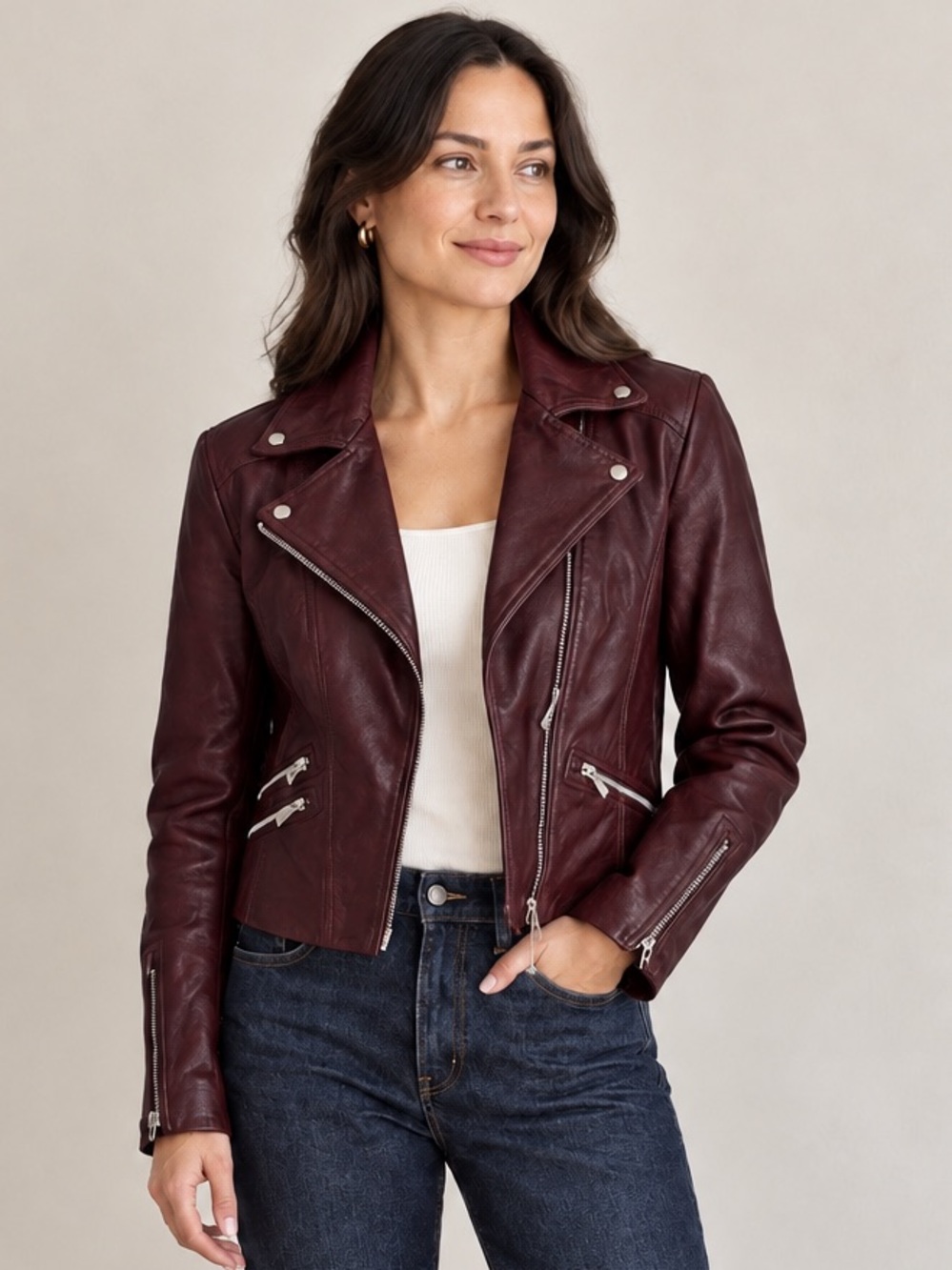 Karen Millen Signature Dark Brown Leather Biker Jacket
